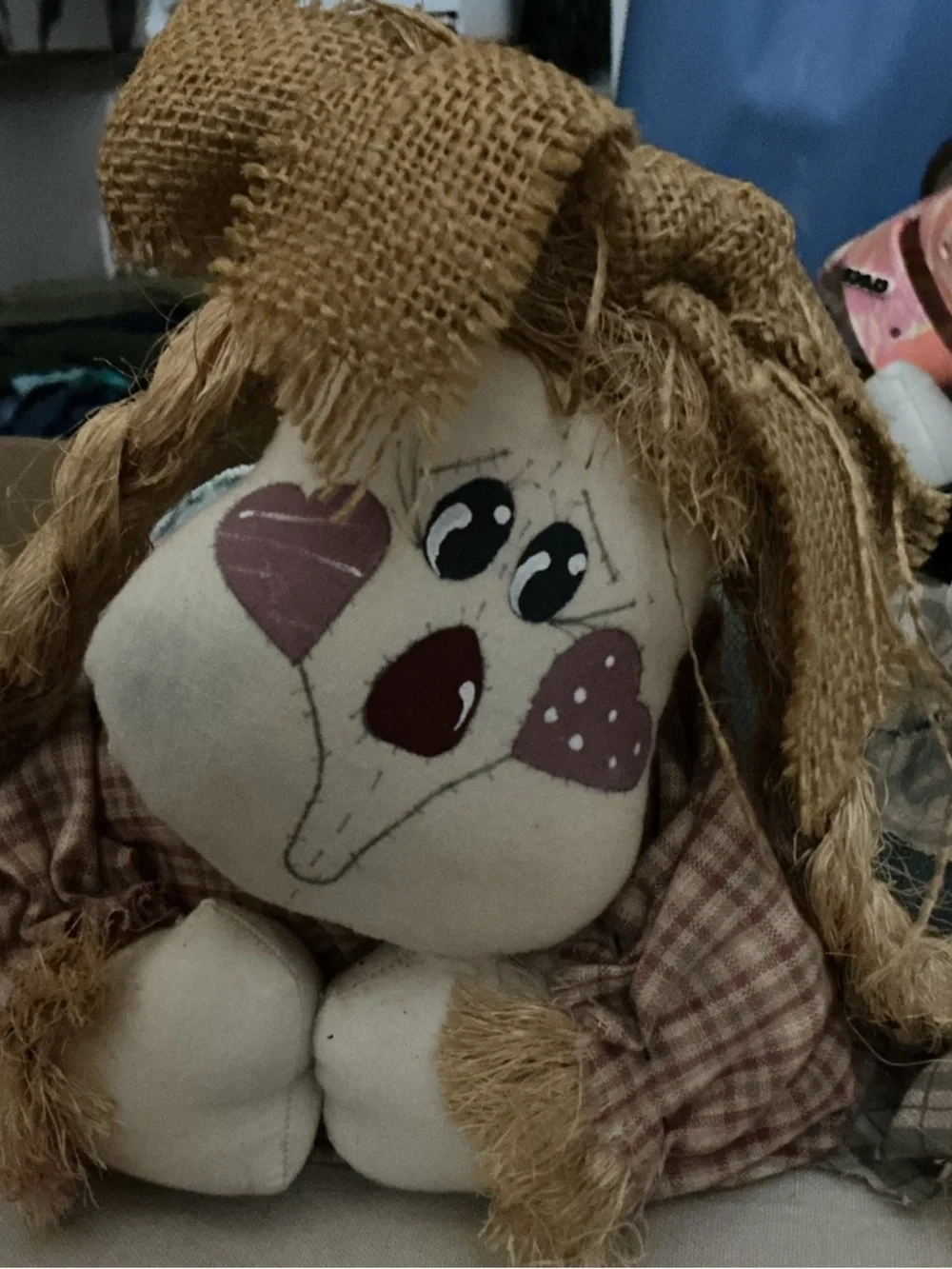 NEW-Handcrafted Brown Burlap Scarecrow Plush - Rustic Home Accents